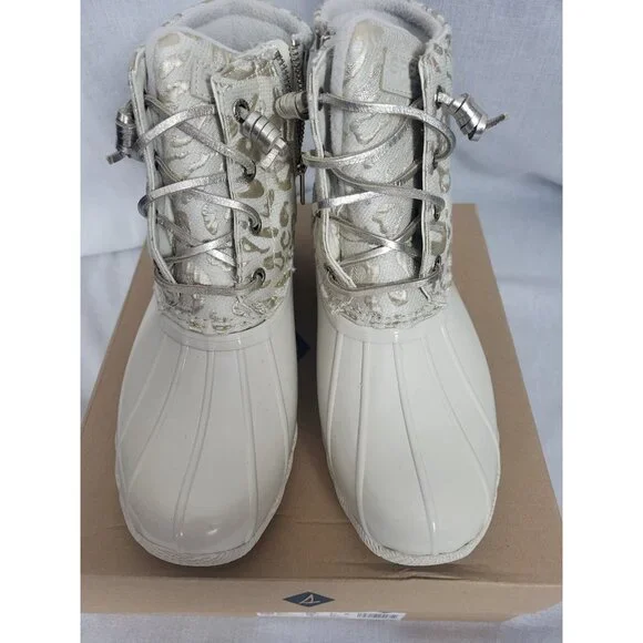 NEW Sperry Saltwater Metallic Jacquard Duck Boot Womens Size 7 Cream Booties NIB - Picture 4 of 10